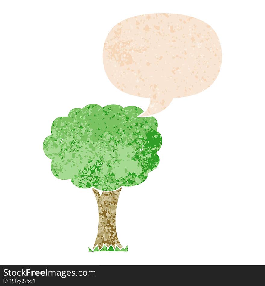 cartoon tree and speech bubble in retro textured style