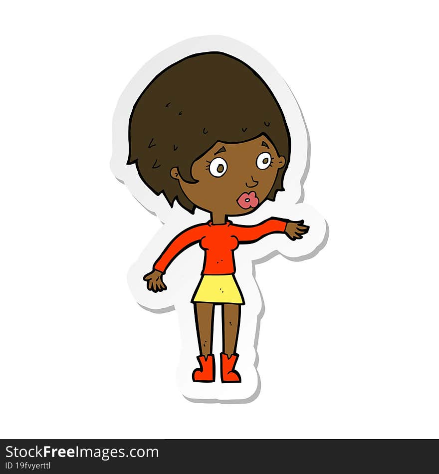 sticker of a cartoon concerned woman reaching out