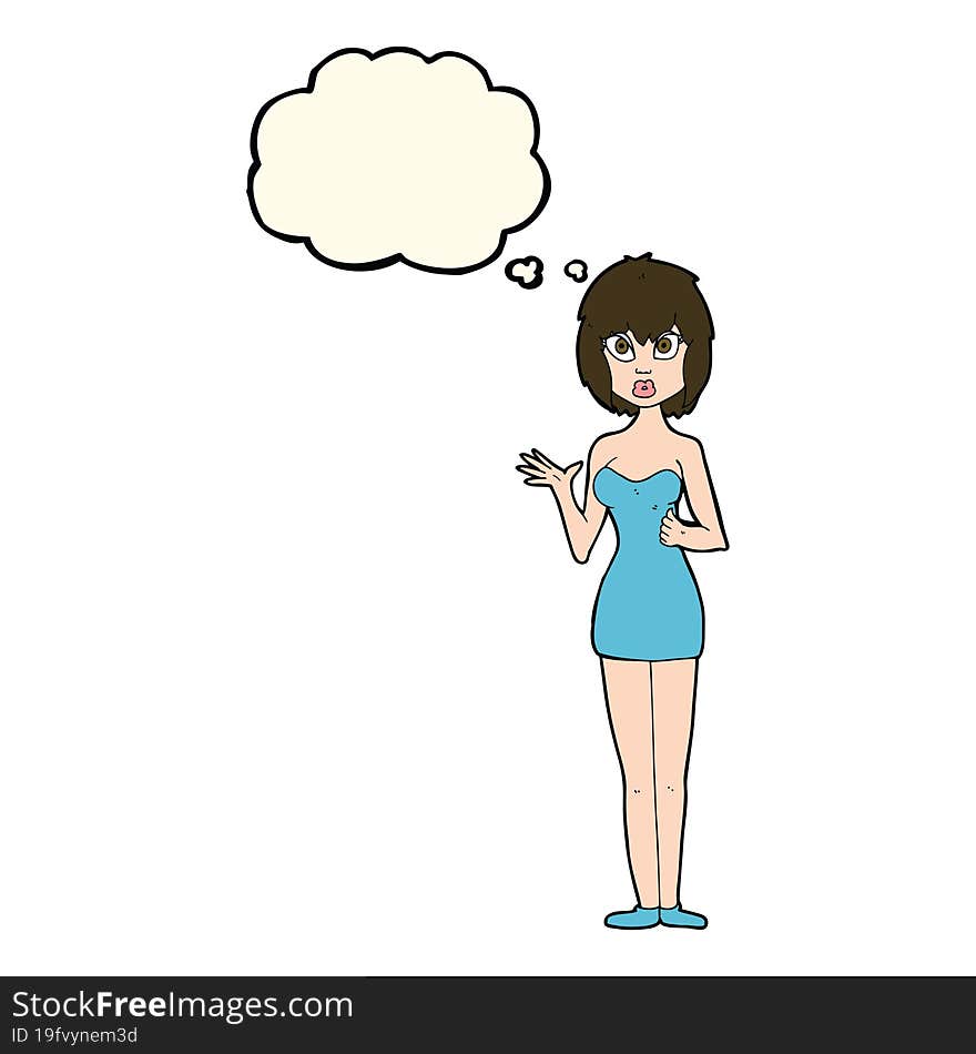 cartoon confused woman in cocktail dress with thought bubble