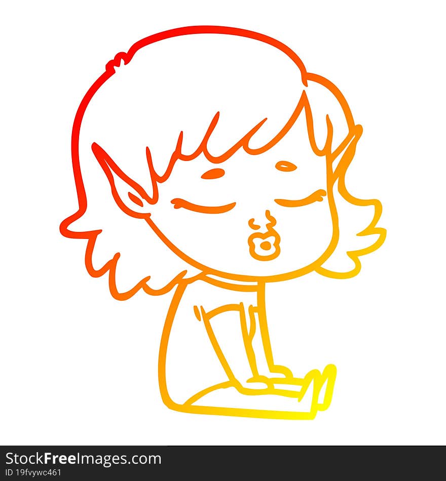 warm gradient line drawing of a pretty cartoon elf girl sitting