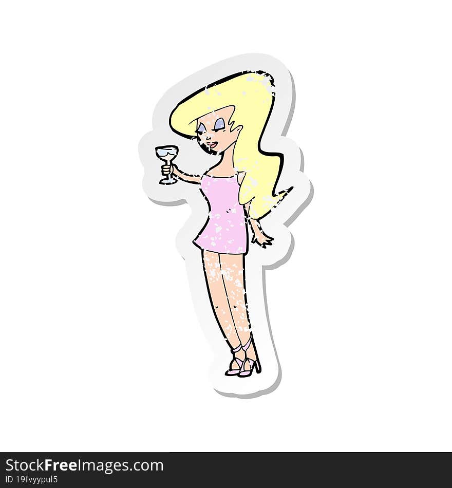 retro distressed sticker of a cartoon woman at party