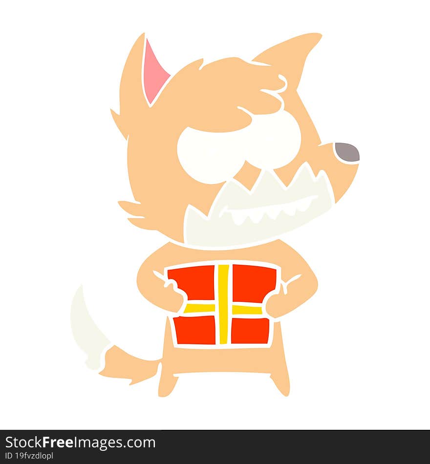 flat color style cartoon grinning fox with present