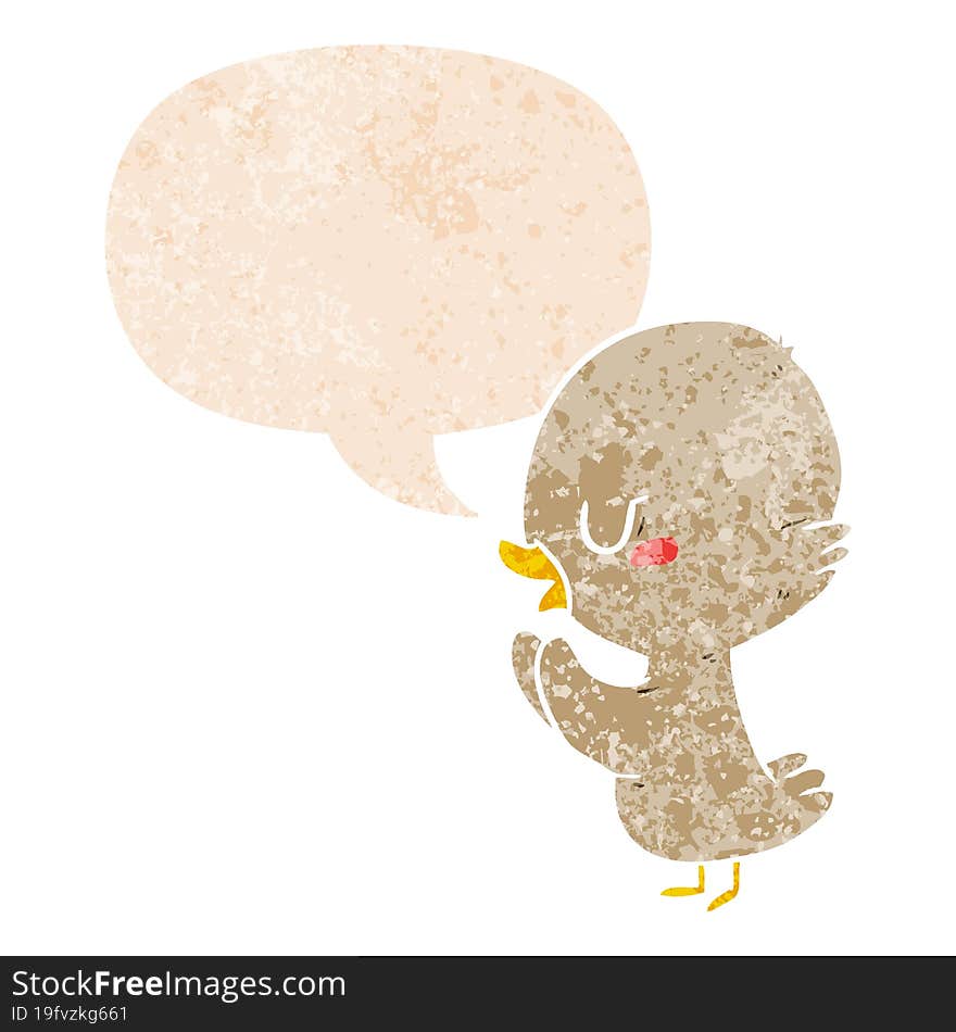 cartoon duckling and speech bubble in retro textured style