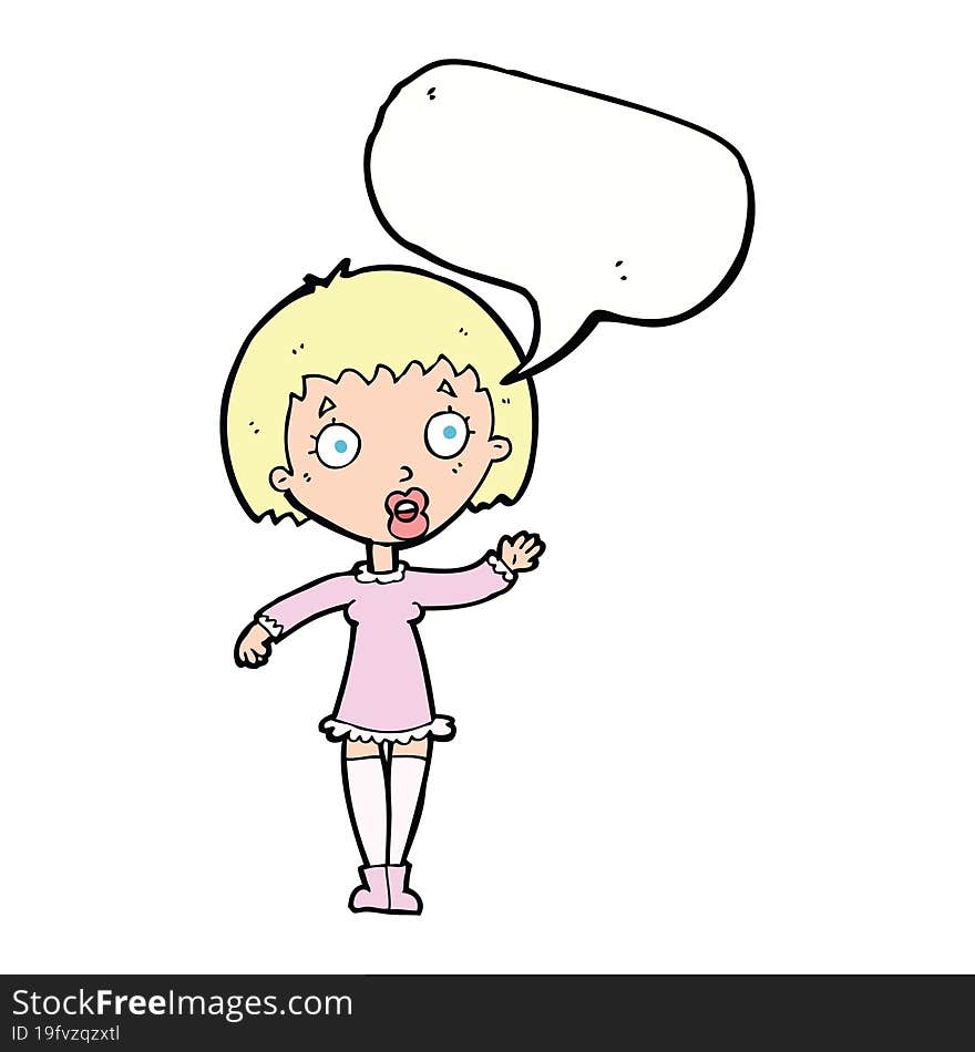 cartoon waving woman with speech bubble