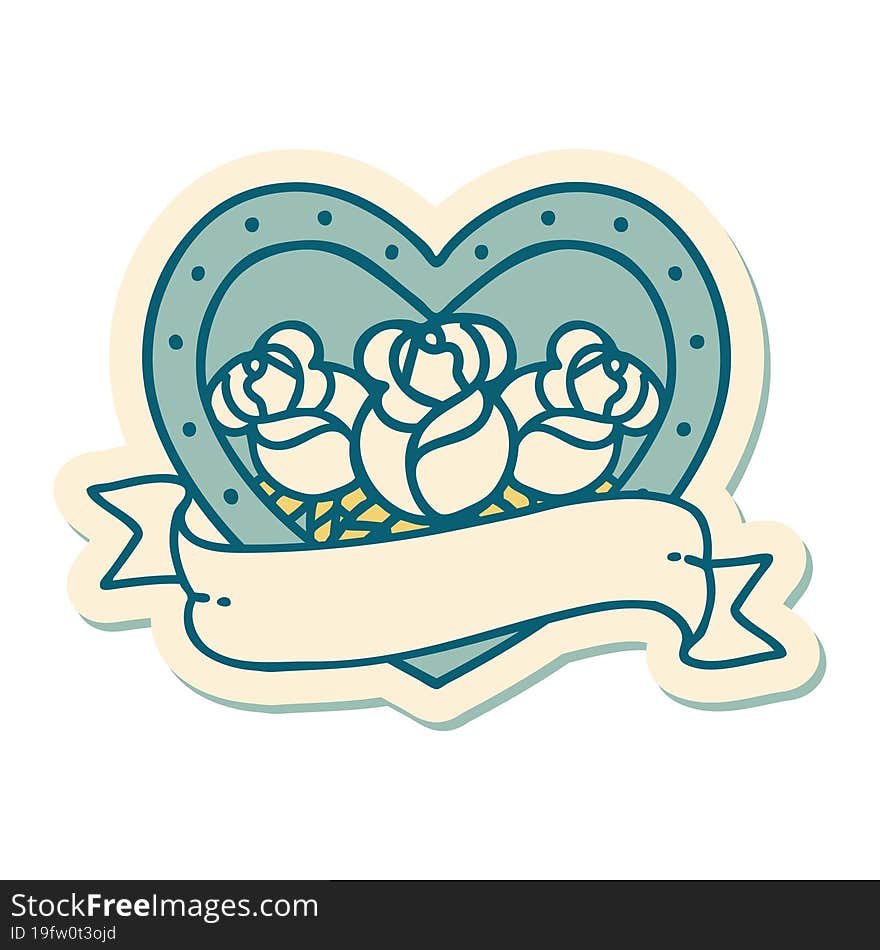 sticker of tattoo in traditional style of a heart and banner with flowers. sticker of tattoo in traditional style of a heart and banner with flowers