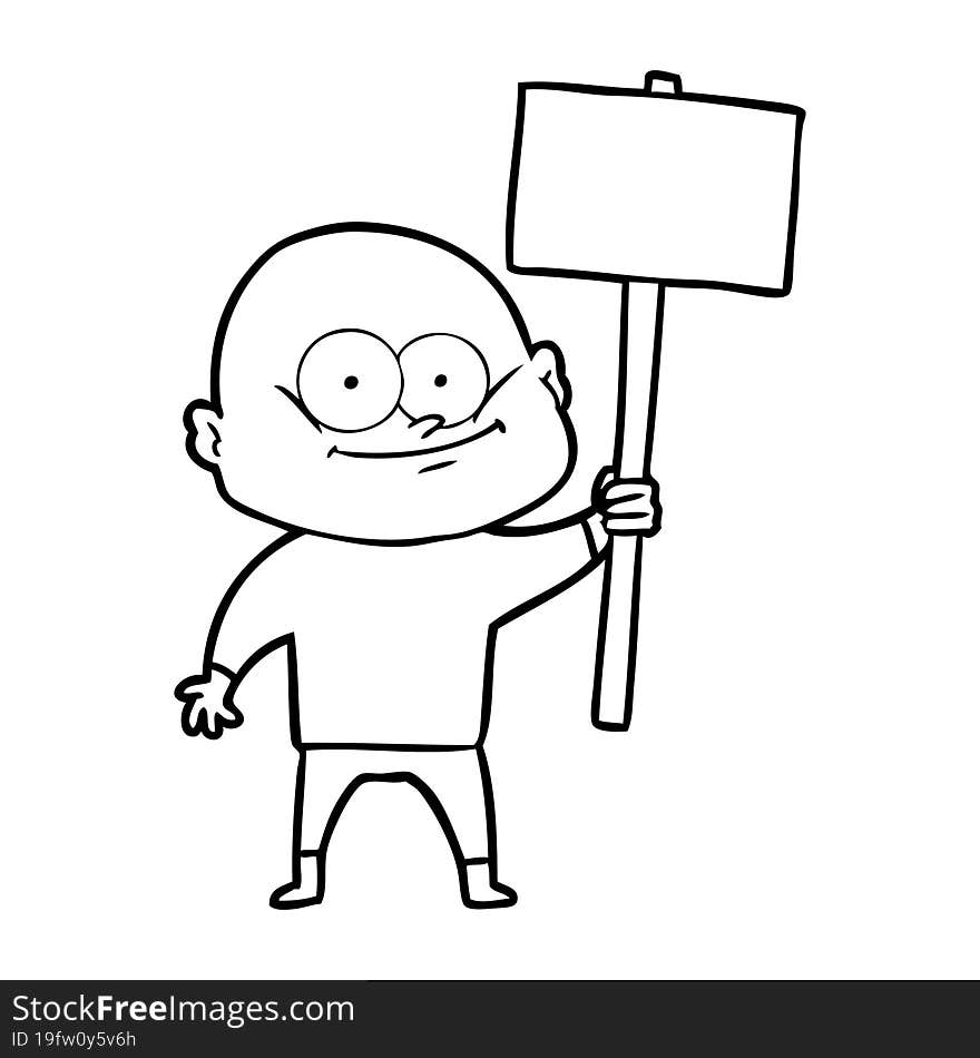 cartoon bald man staring with sign. cartoon bald man staring with sign