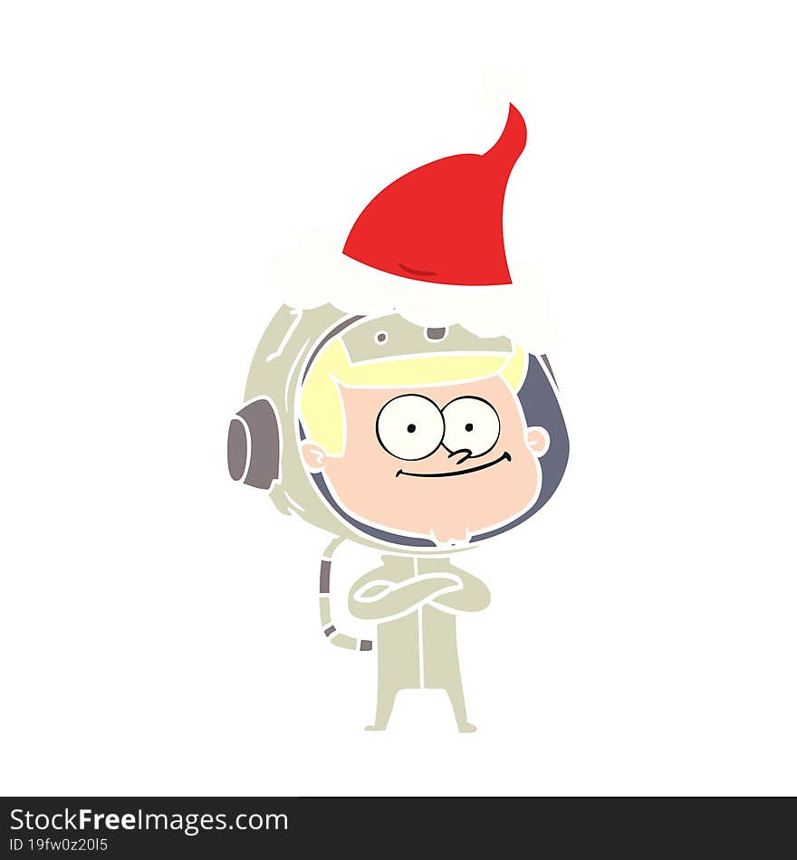 happy astronaut flat color illustration of a wearing santa hat