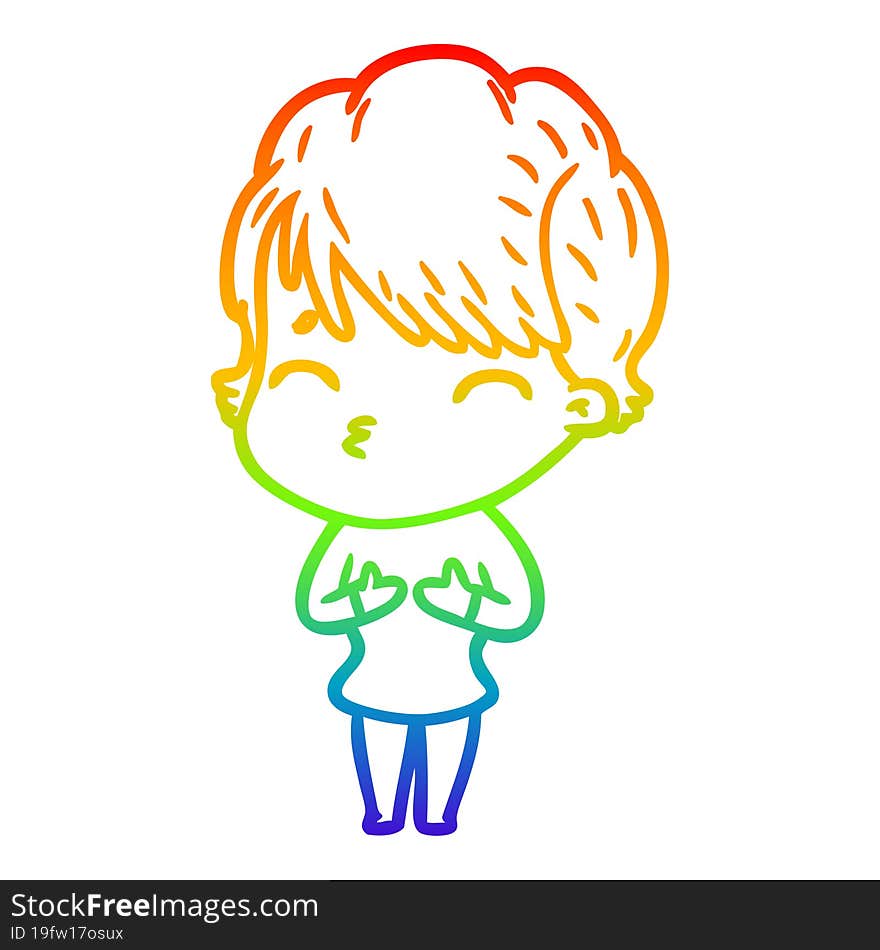 Rainbow Gradient Line Drawing Cartoon Woman Thinking