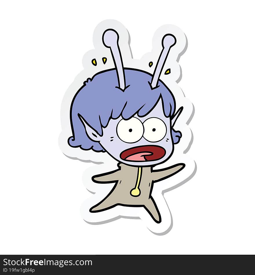 sticker of a cartoon shocked alien girl