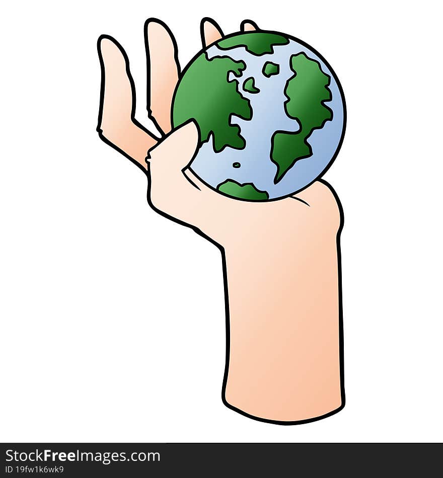 cartoon hand holding whole earth. cartoon hand holding whole earth