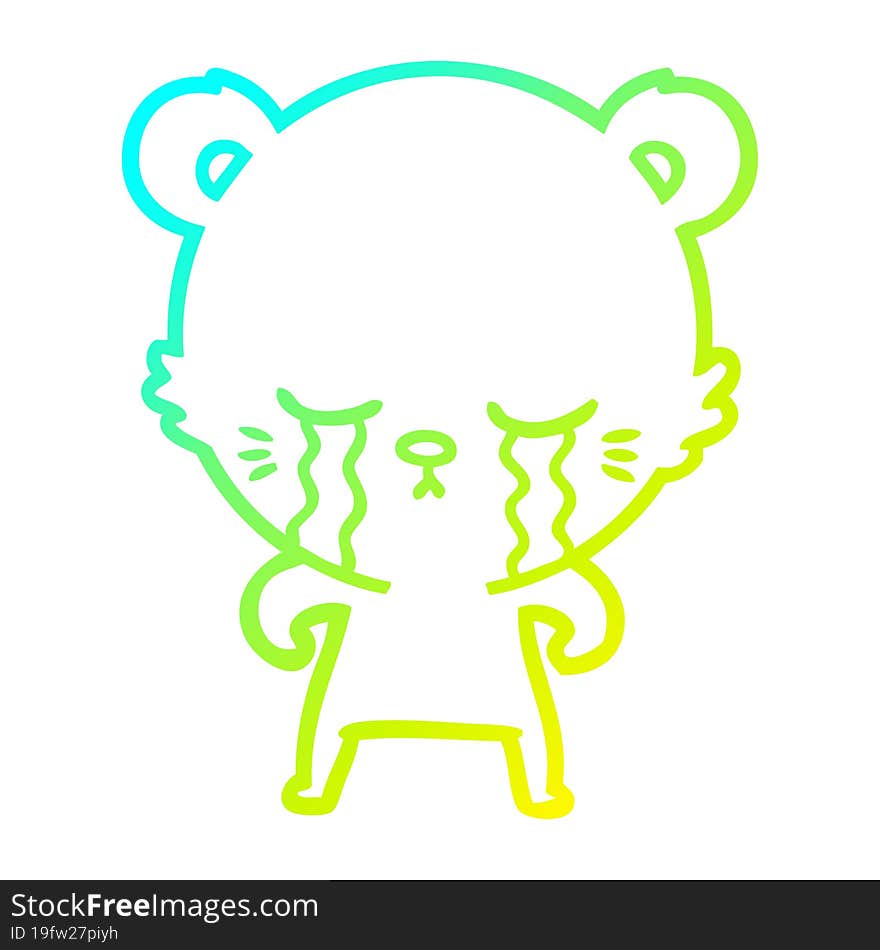 cold gradient line drawing of a crying cartoon bear