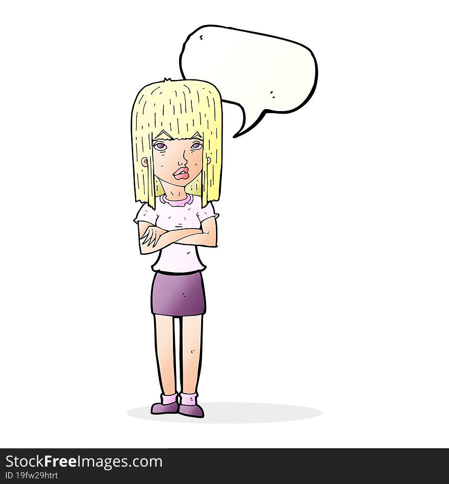 cartoon woman standing with speech bubble