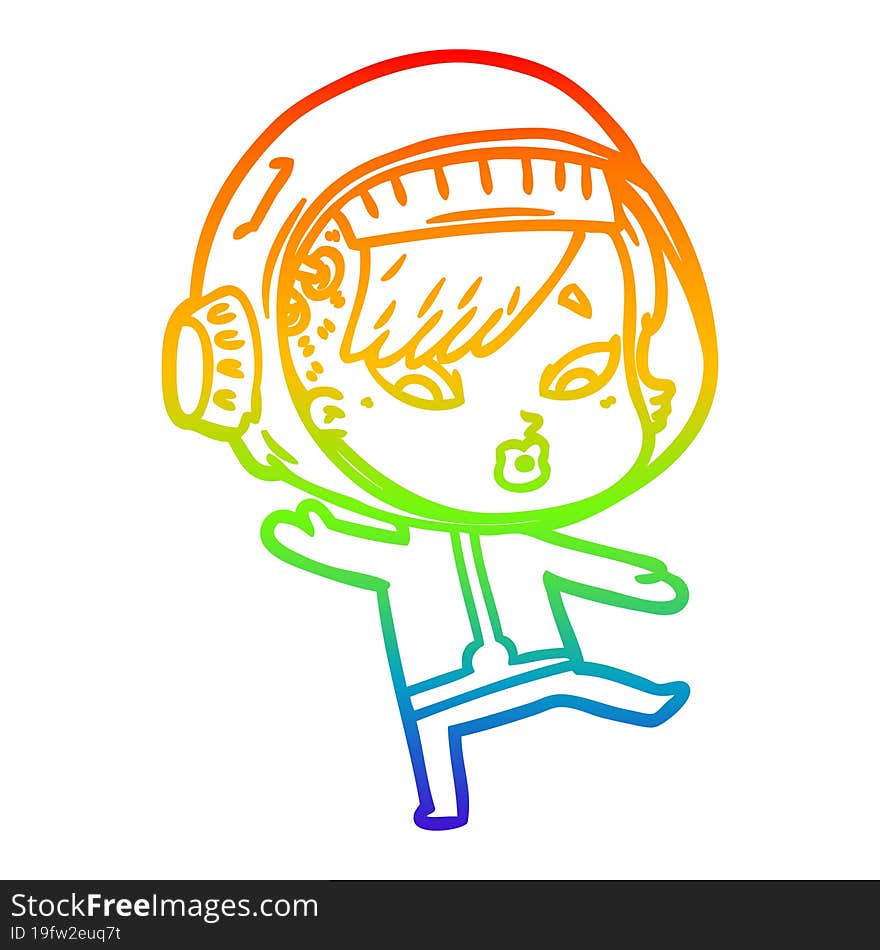 rainbow gradient line drawing of a cartoon astronaut woman