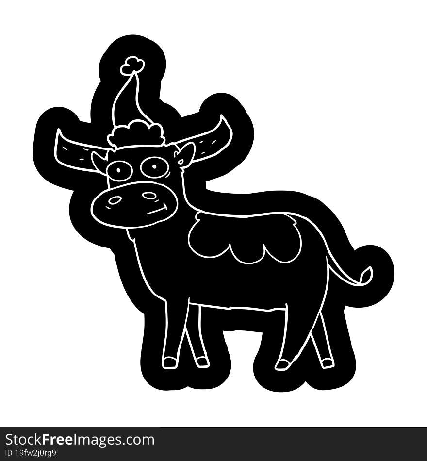 Cartoon Icon Of A Bull Wearing Santa Hat