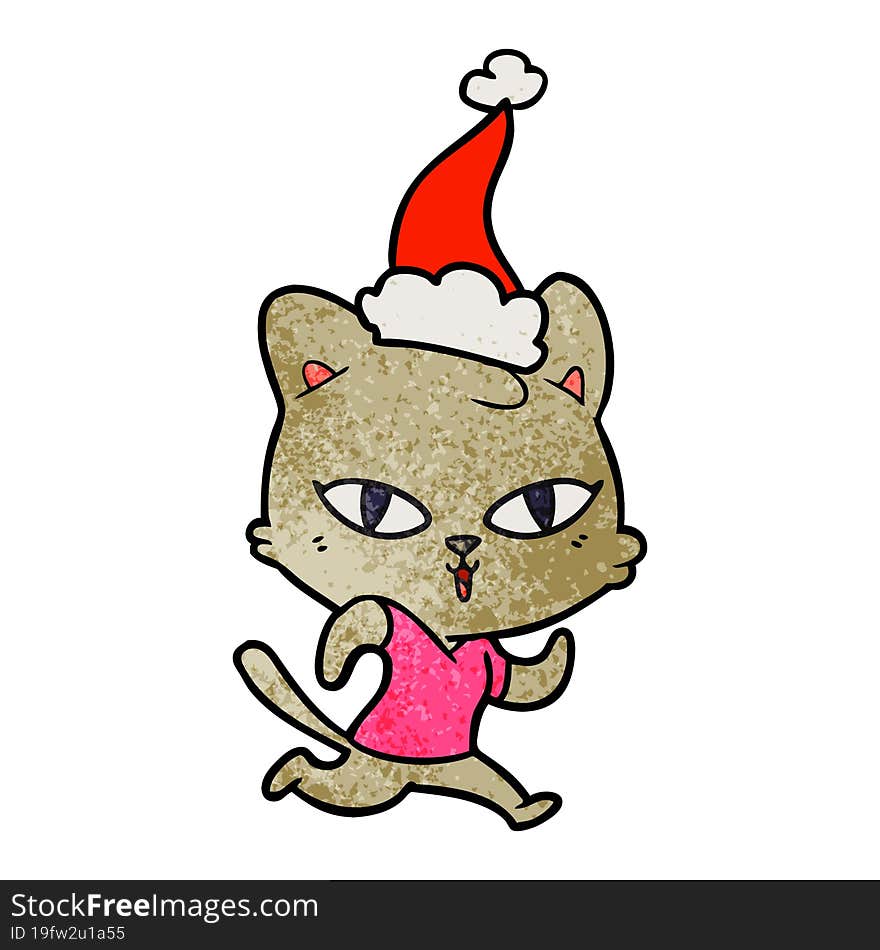 textured cartoon of a cat out for a run wearing santa hat