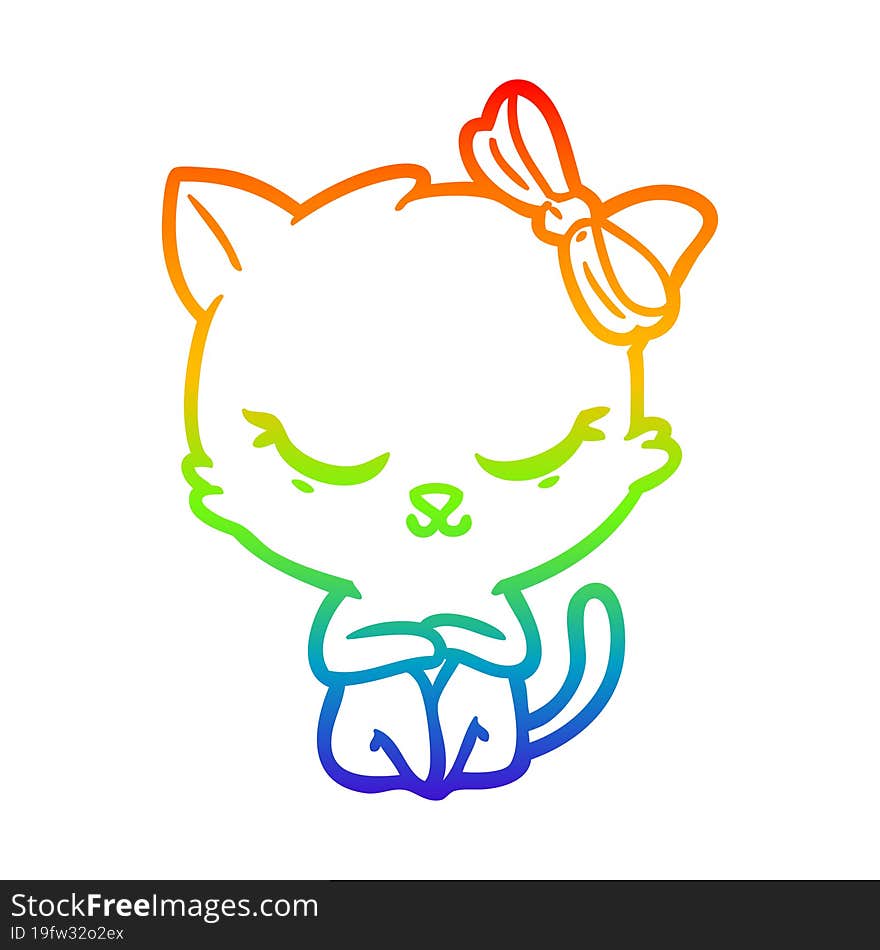 Rainbow Gradient Line Drawing Cute Cartoon Cat With Bow