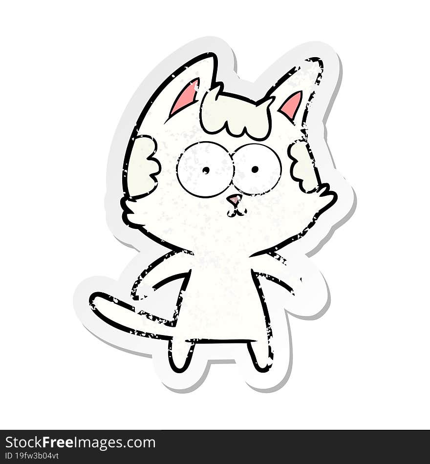 distressed sticker of a happy cartoon cat