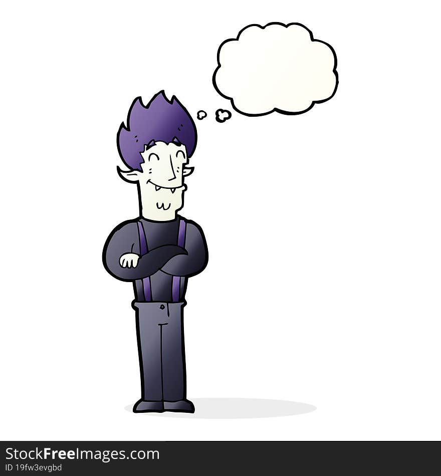 cartoon happy vampire man with thought bubble