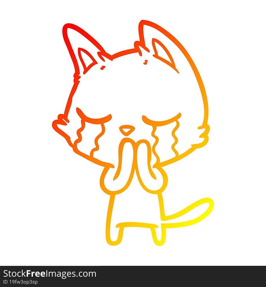 warm gradient line drawing of a crying cartoon cat