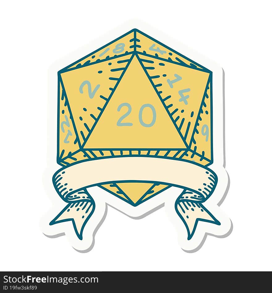 sticker of a natural 20 critical hit D20 dice roll. sticker of a natural 20 critical hit D20 dice roll