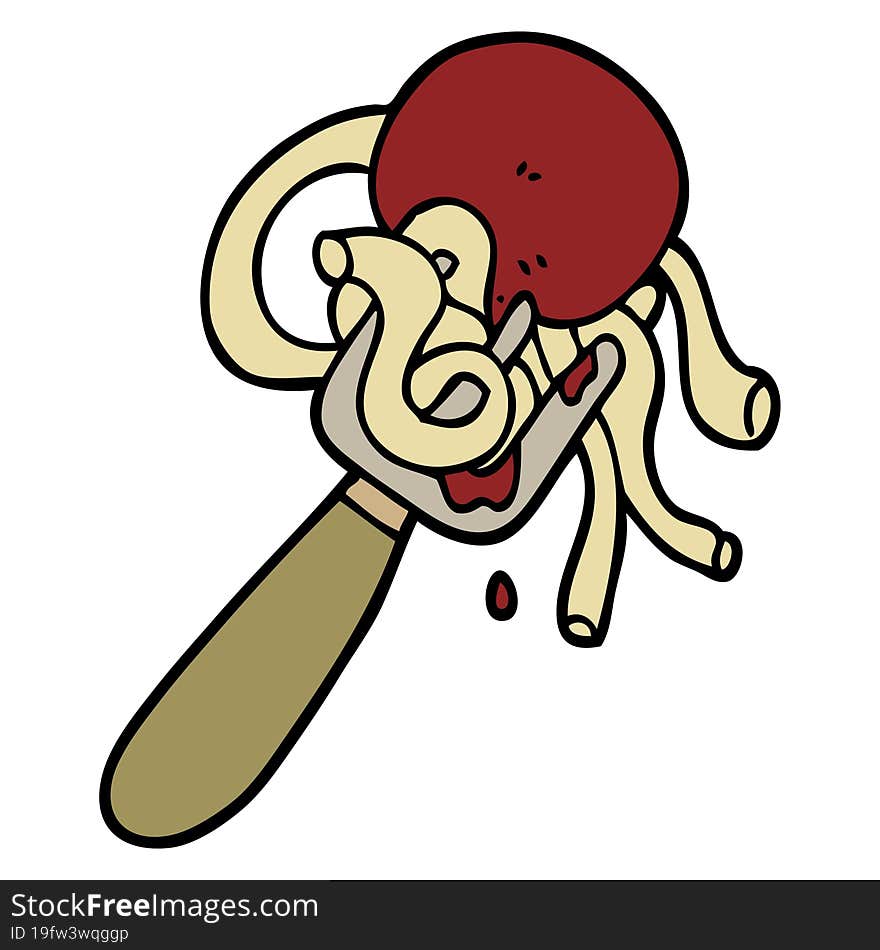 hand drawn doodle style cartoon spaghetti and meatballs on fork