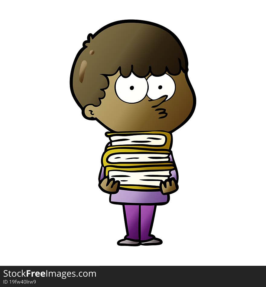 cartoon curious boy with lots of books. cartoon curious boy with lots of books