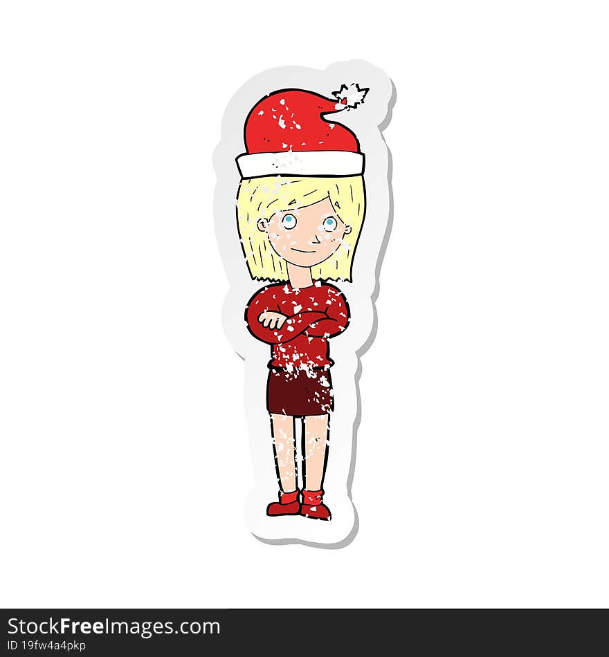 retro distressed sticker of a cartoon woman ready for christmas