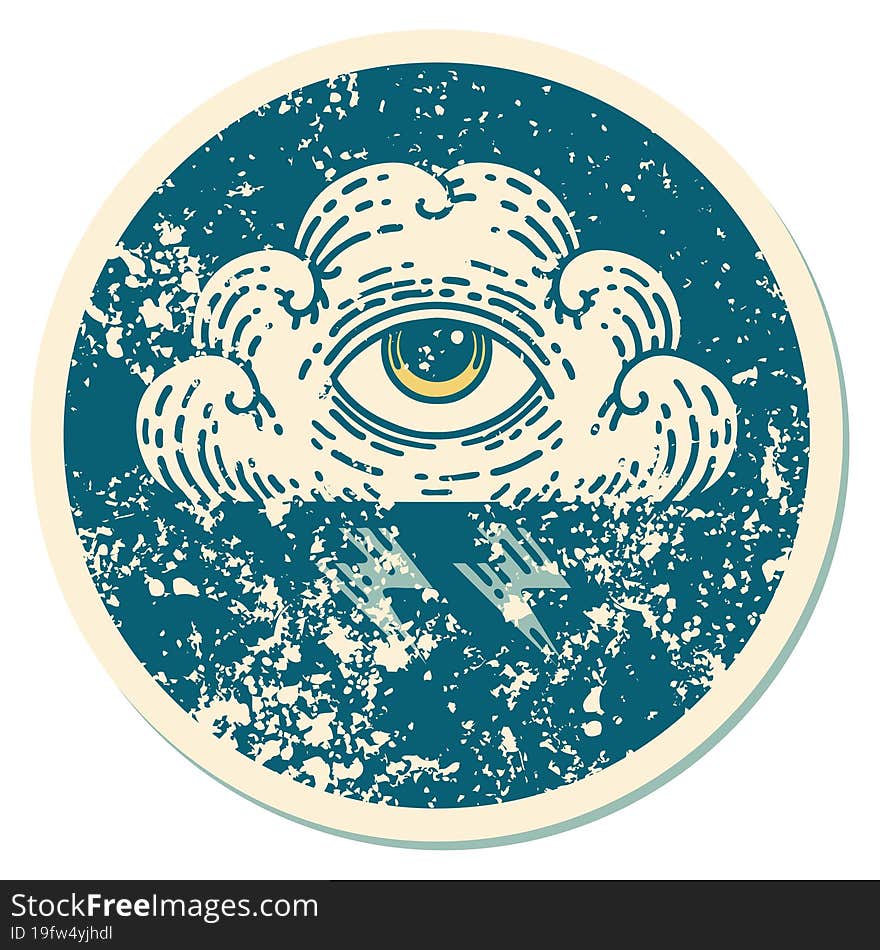 Distressed Sticker Tattoo Style Icon Of An All Seeing Eye Cloud