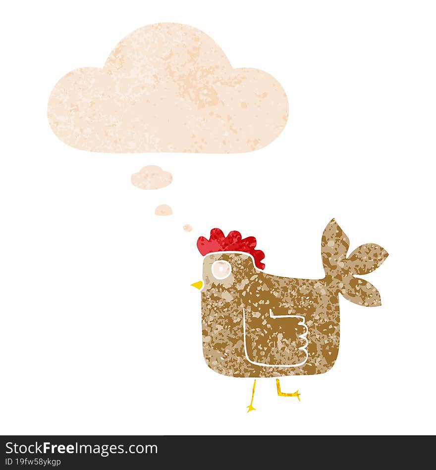 cartoon chicken and thought bubble in retro textured style