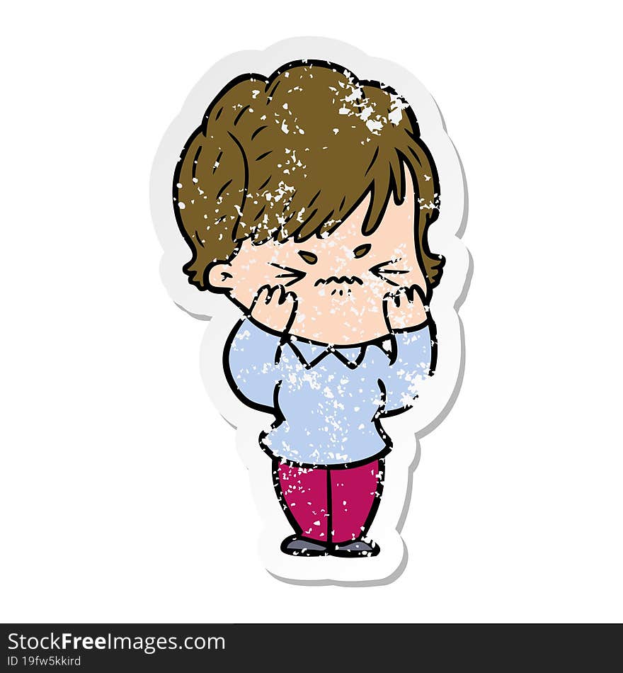 distressed sticker of a cartoon frustrated woman