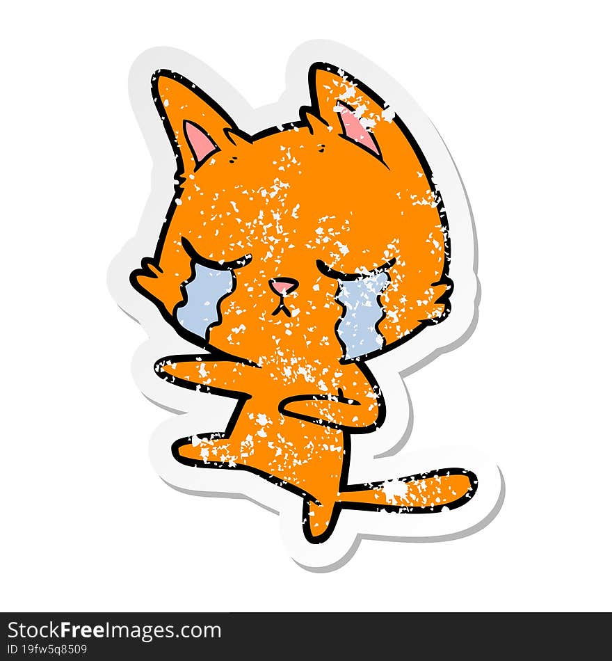 distressed sticker of a crying cartoon cat dancing