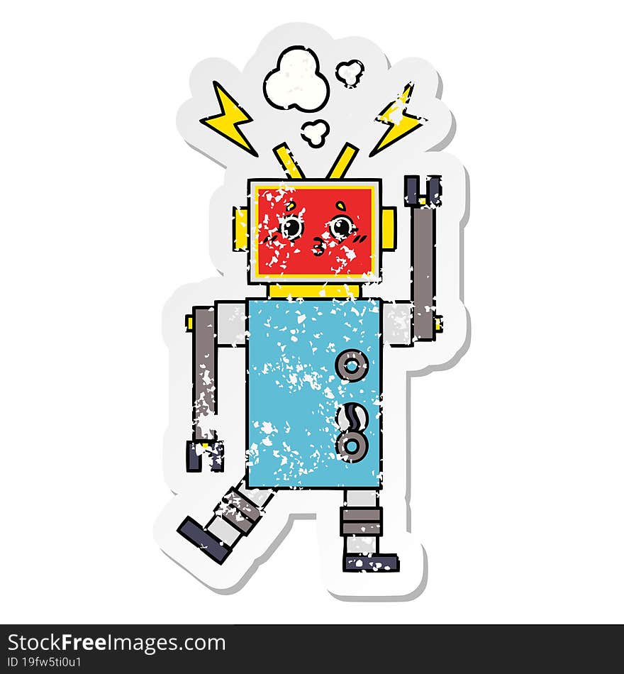 distressed sticker of a cute cartoon robot malfunction