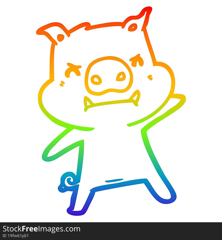 rainbow gradient line drawing of a angry cartoon pig