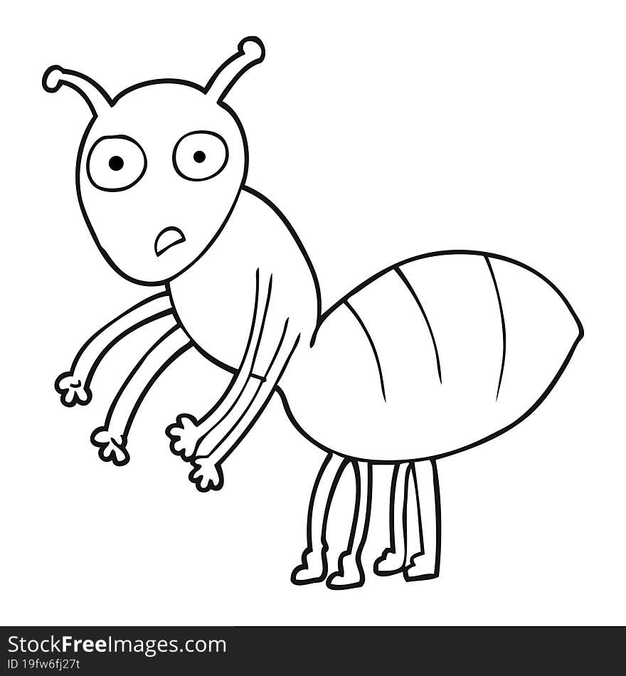 freehand drawn black and white cartoon ant