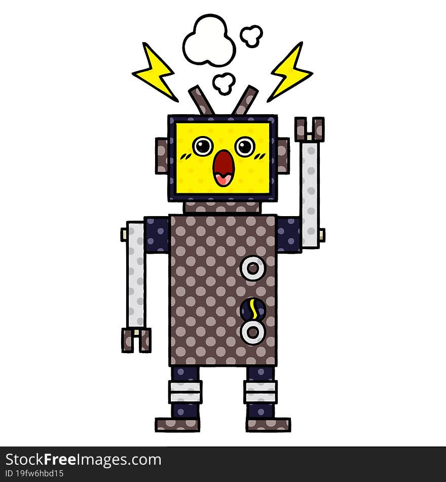 comic book style cartoon of a broken robot