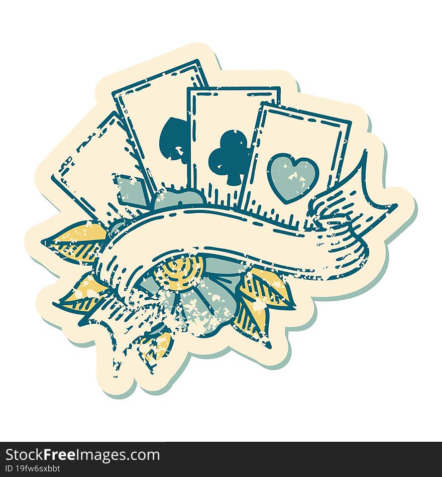 distressed sticker tattoo style icon of cards and banner