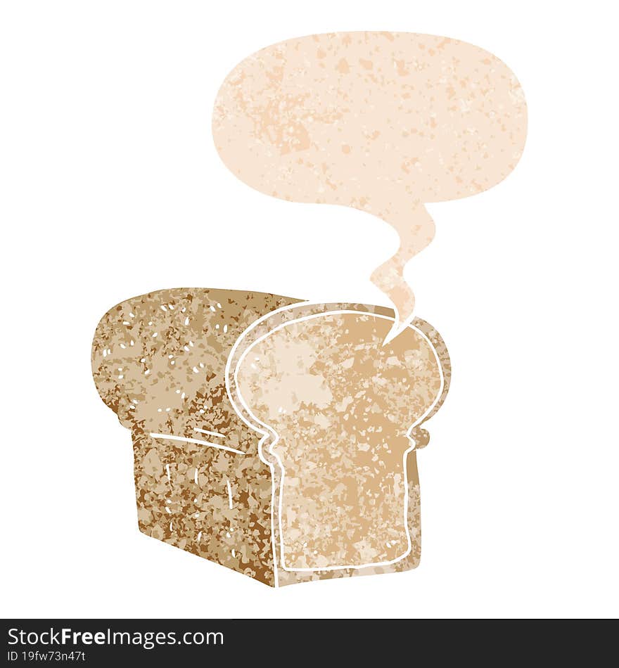 cartoon loaf of bread and speech bubble in retro textured style