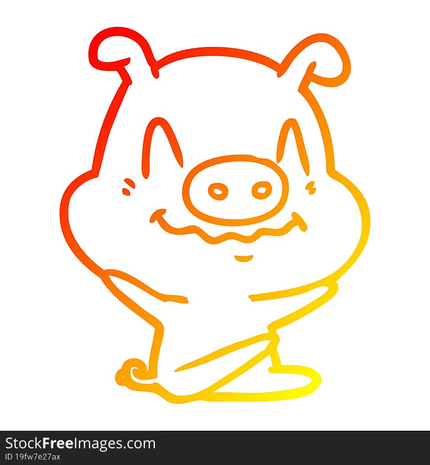 warm gradient line drawing of a nervous cartoon pig sitting