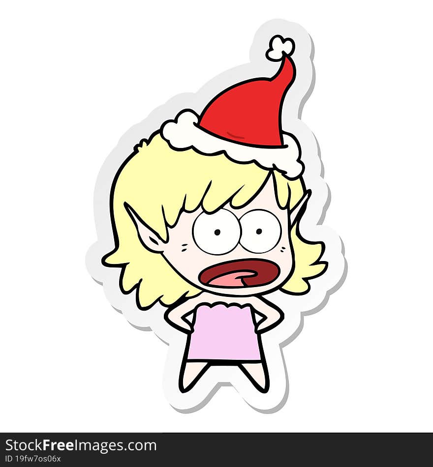 Sticker Cartoon Of A Shocked Elf Girl Wearing Santa Hat