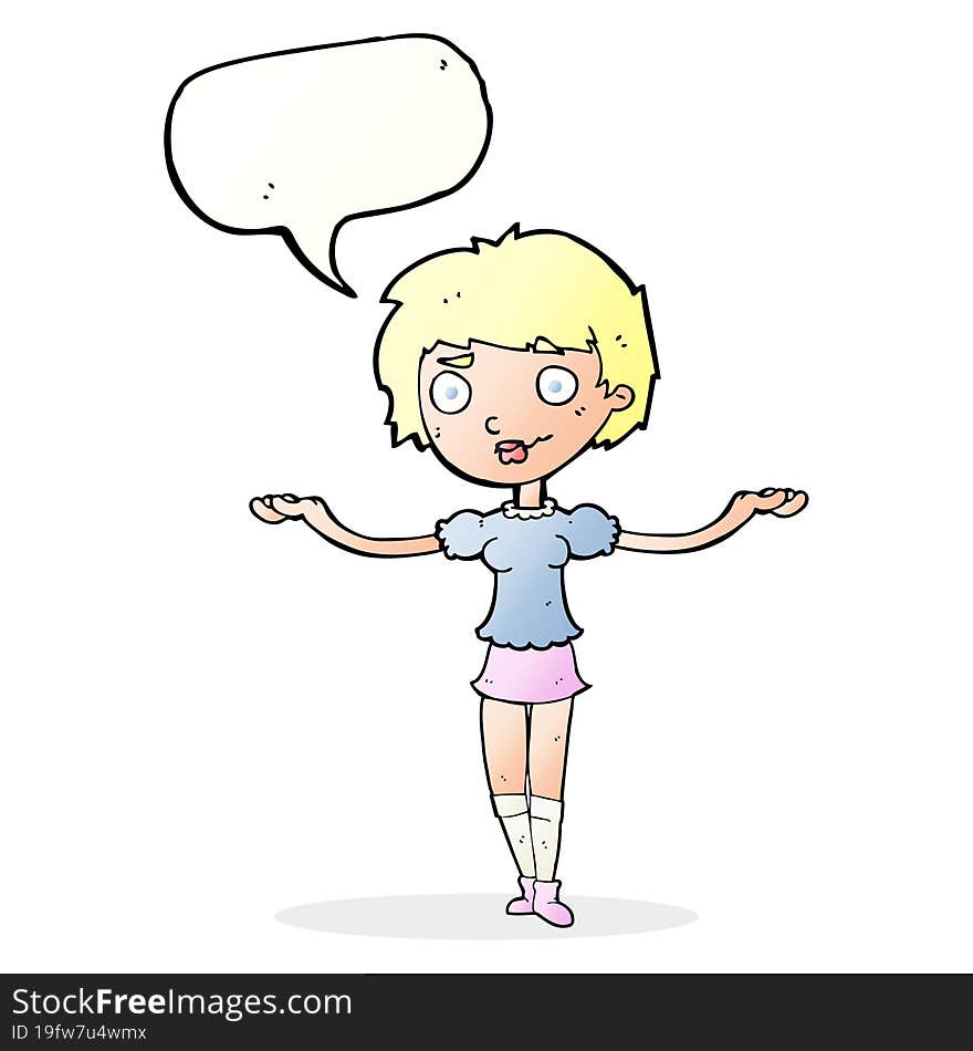 cartoon woman spreading arms with speech bubble