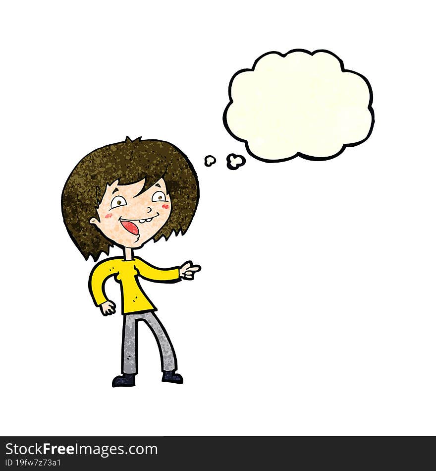 cartoon woman laughing and pointing with thought bubble