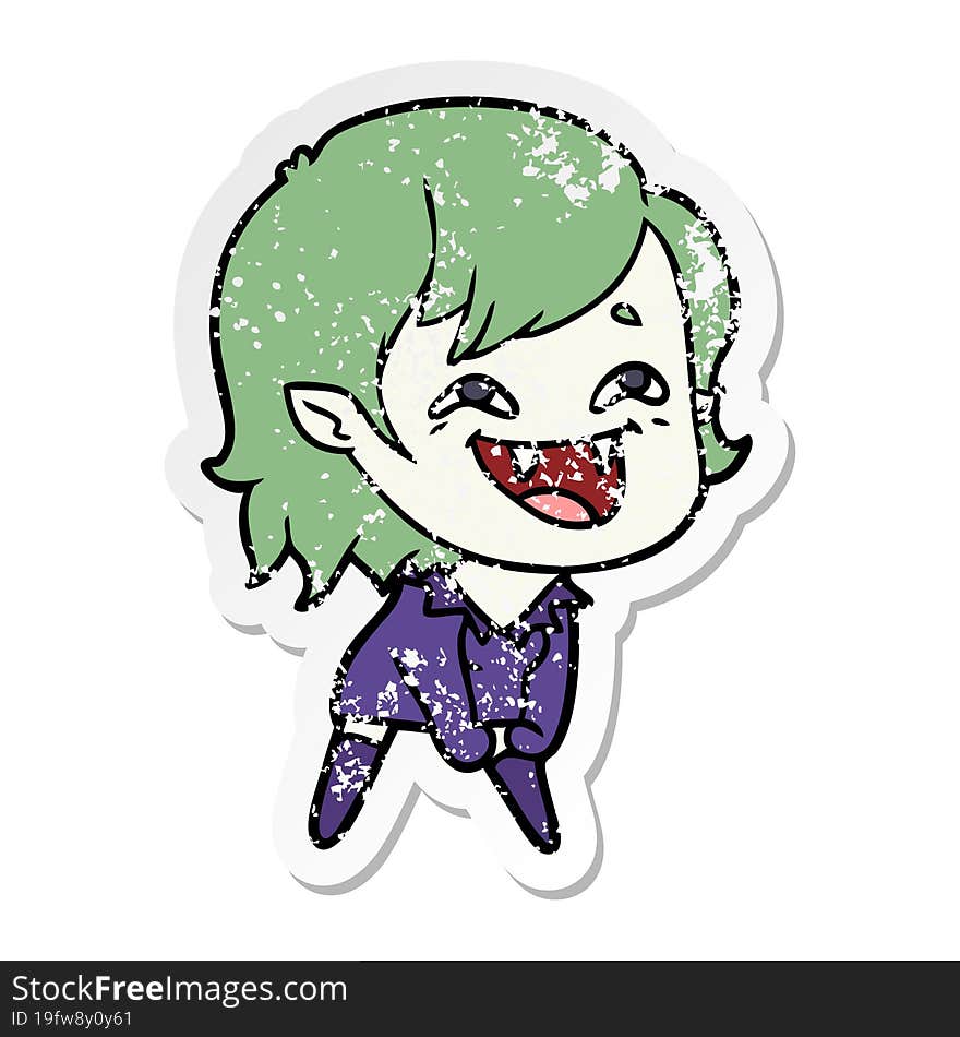 distressed sticker of a cartoon laughing vampire girl