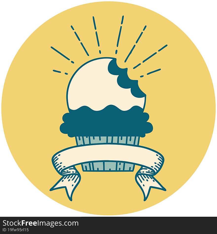 icon of tattoo style cupcake with missing bite