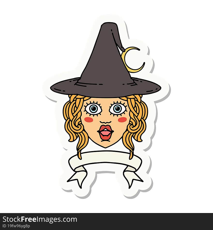 sticker of a human witch character with banner. sticker of a human witch character with banner