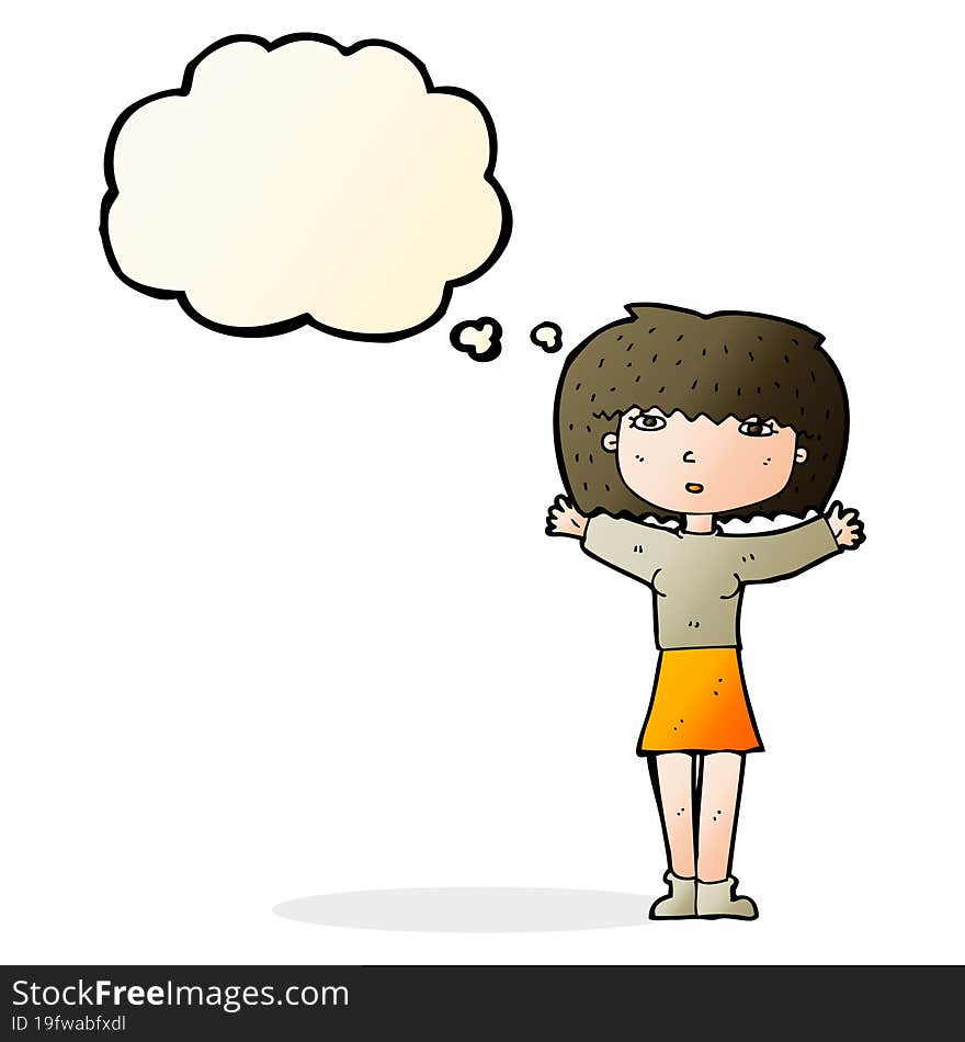 cartoon woman raising arms in air with thought bubble