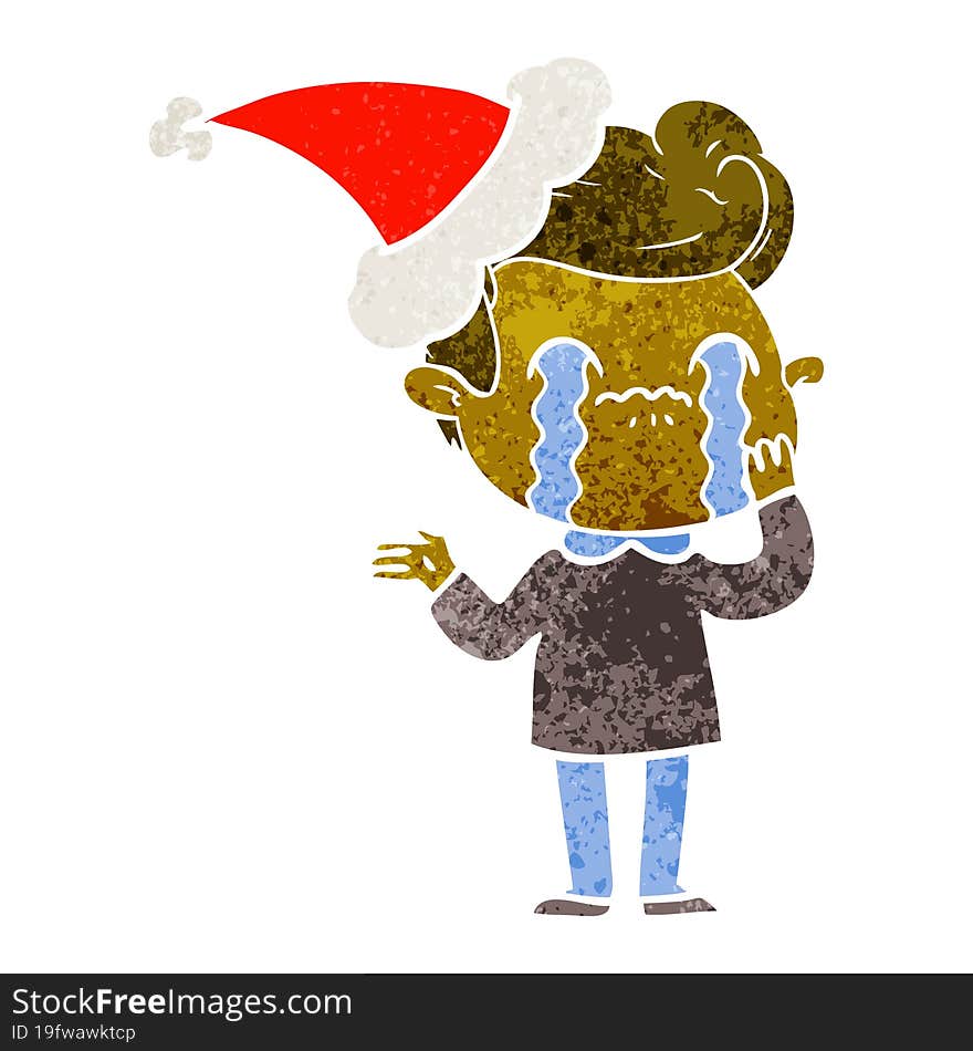 retro cartoon of a man crying wearing santa hat