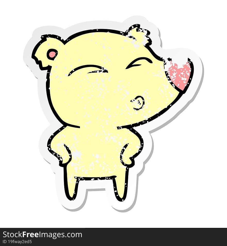 distressed sticker of a cartoon whistling bear