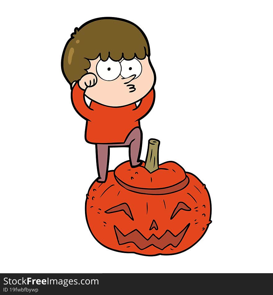 cartoon boy climbing huge pumpkin. cartoon boy climbing huge pumpkin