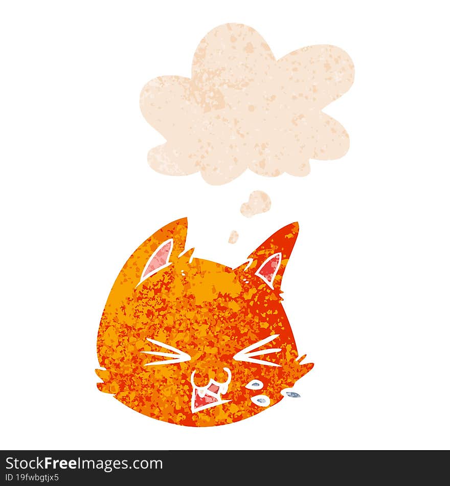 Spitting Cartoon Cat Face And Thought Bubble In Retro Textured Style