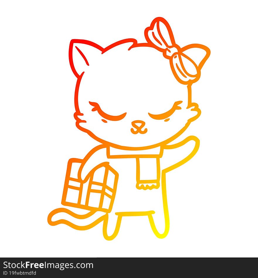 warm gradient line drawing cute cartoon cat with present